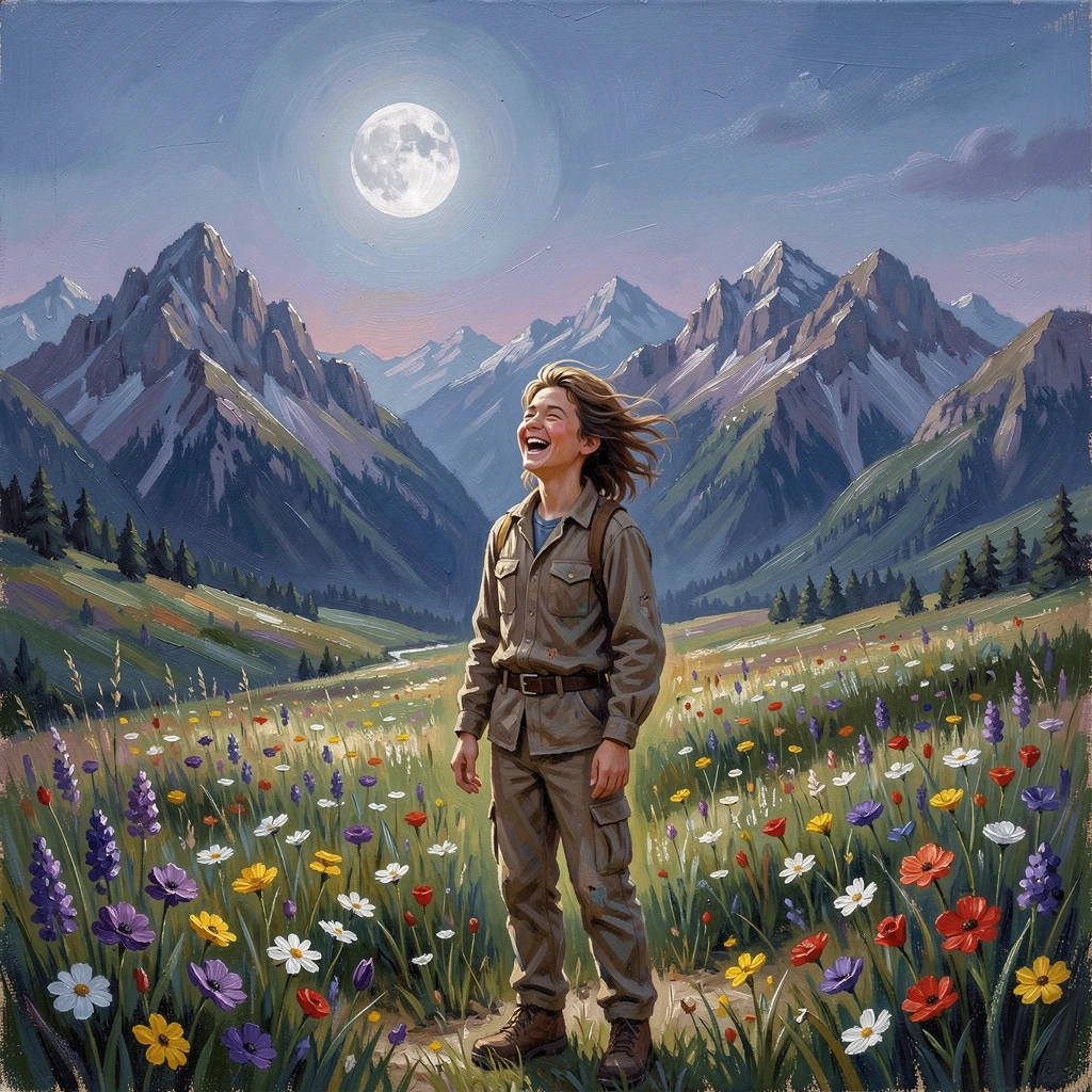 A traveler gazing out over a sweeping mountain vista, in a sunlit meadow scattered with wildflowers, eyes bright with joy mid-laugh, under the gentle light of a full moon.