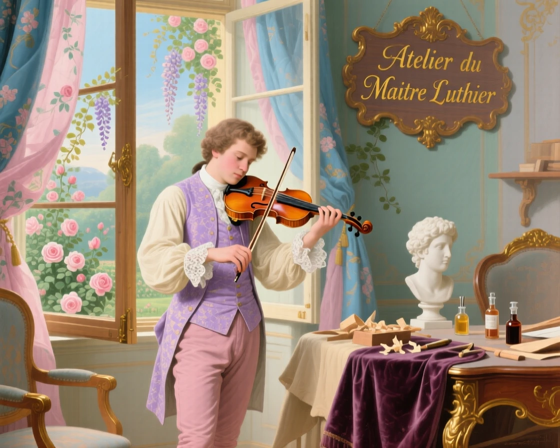 A violin maker polishing an instrument beside an open window  