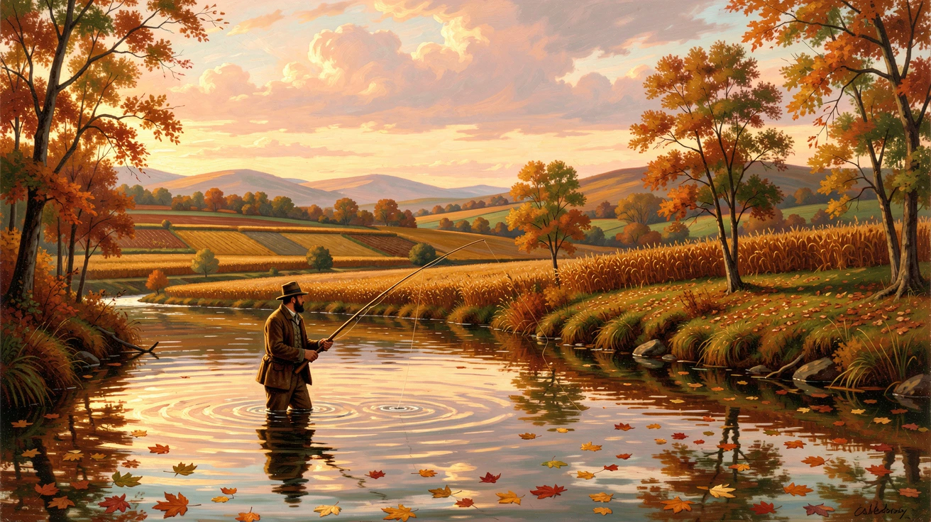 A ferryman fishes along the banks of a river winding past terraced farmland as autumn leaves drift downstream.