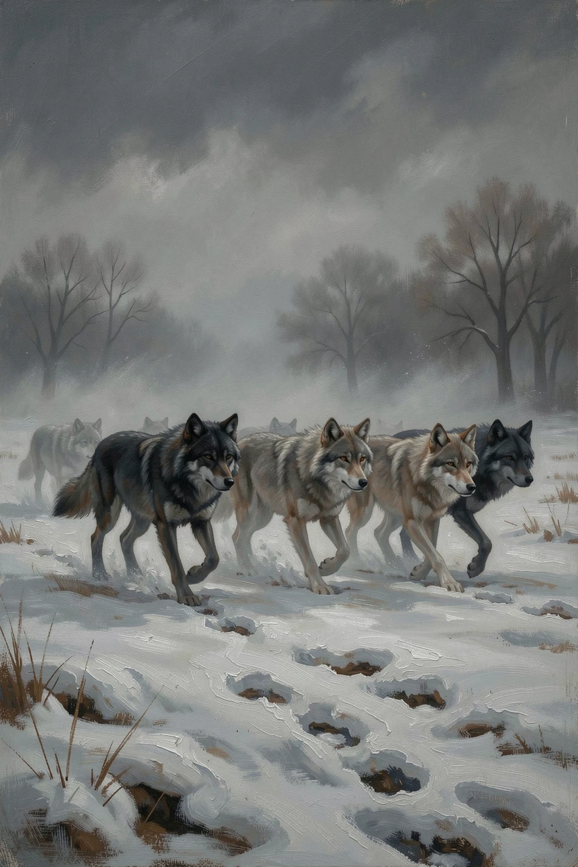 A pack of spectral wolves running silently across a snow-covered field, as swirling mist and atmosphere add mystery to the scene, offering a breathtaking escape into a beautifully rendered fantasy world