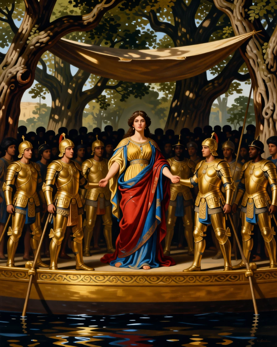 Cleopatra receiving envoys aboard her golden barge on the Nile just as the crowd falls silent in awe, set beneath a canopy of ancient oaks in a sacred grove, with gilded armor catching the light and rich fabrics billowing in the wind; the composition centers the hero in a pyramid of surrounding figures, evoking awe, destiny, and the weight of history.