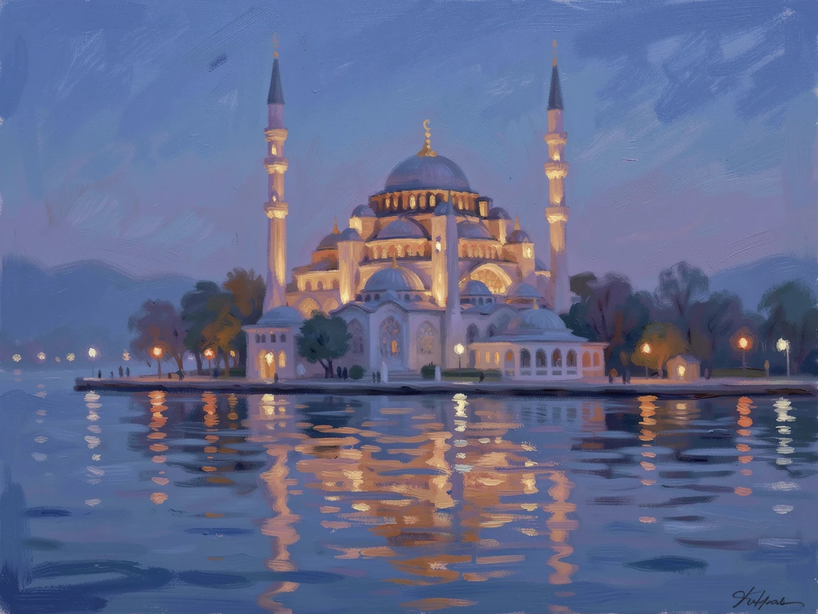 The Blue Mosque of Istanbul glowing at twilight, reflected in the still waters of the Bosphorus, capturing a fleeting moment of pure happiness.
