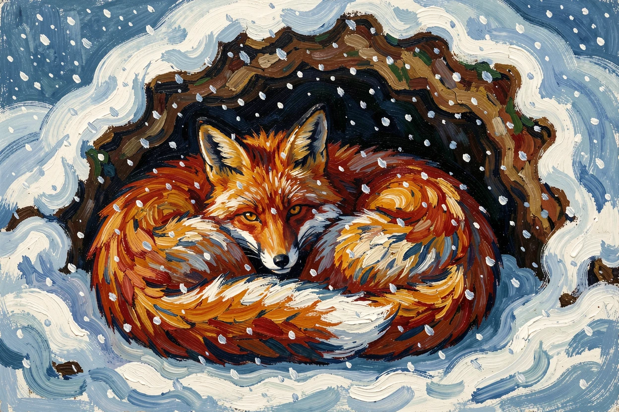 A pair of foxes curled together in a den entrance, snow gently falling outside.