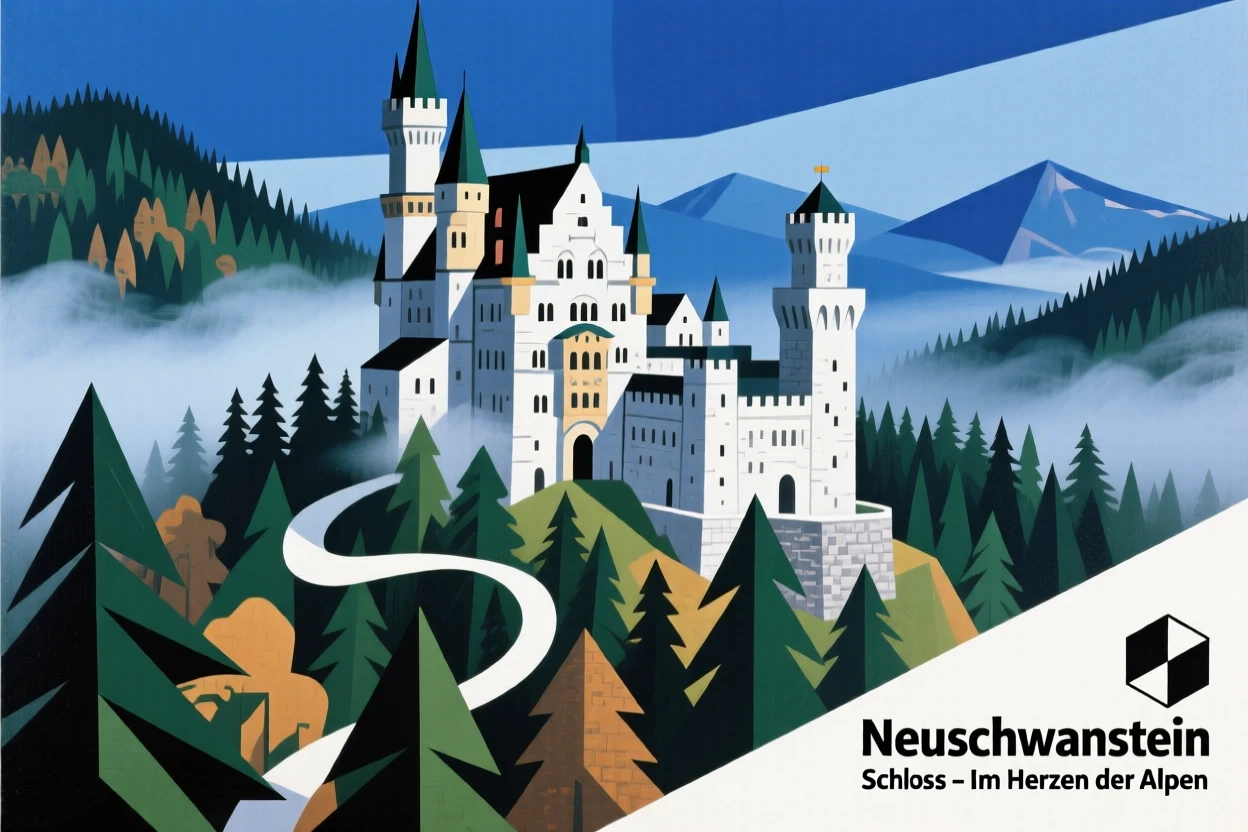 Neuschwanstein Castle rising from a misty forest in the Bavarian Alps.