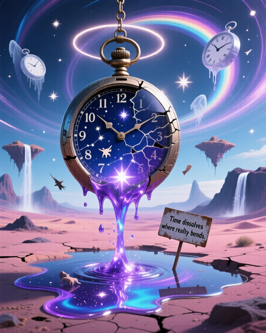 A pocket watch dissolving into a puddle of liquid starlight exists in a space where up and down have no meaning, as light bends unnaturally around every corner.