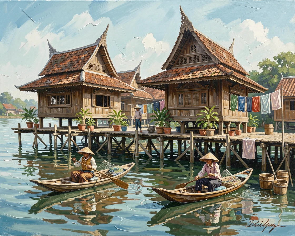The floating temples of Inle Lake in Myanmar rise on stilts above calm water, fishermen paddling past in traditional leg-rowing style, small everyday details, like drying laundry or potted plants, giving the scene a lived-in warmth.