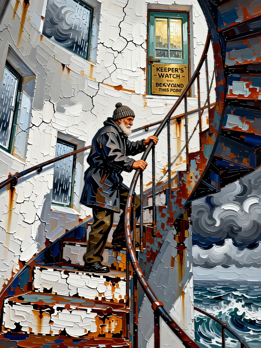 A lone lighthouse keeper climbing the spiral stairs of a coastal tower during a storm