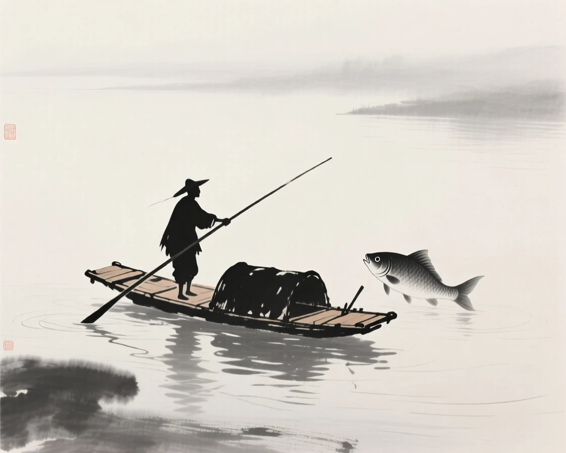A fisherman poles his raft slowly along a calm river, with mist rising gently from the water's surface.