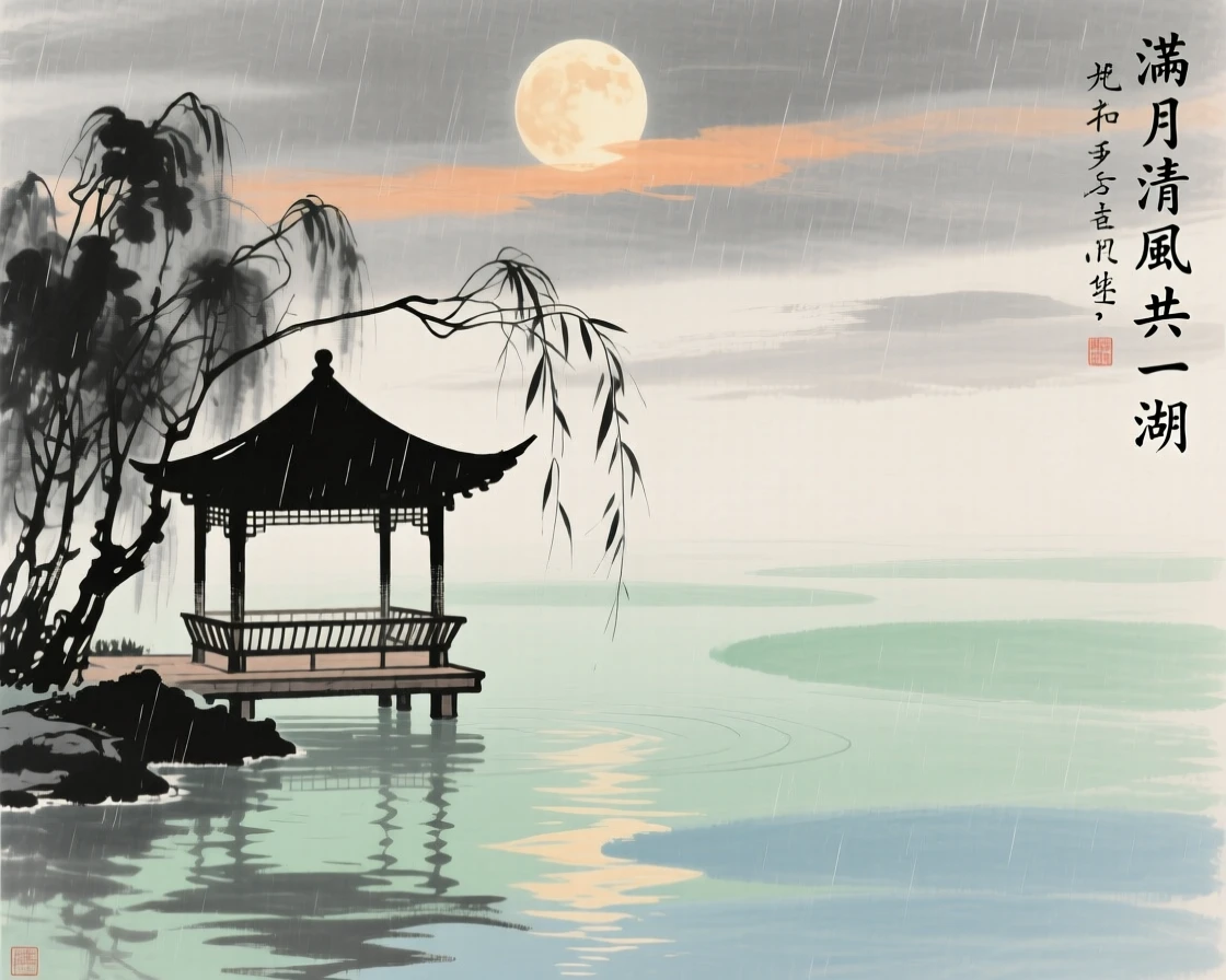 A wooden pavilion overlooking a tranquil lake, beneath a sky washed clean by rain, under a full moon.