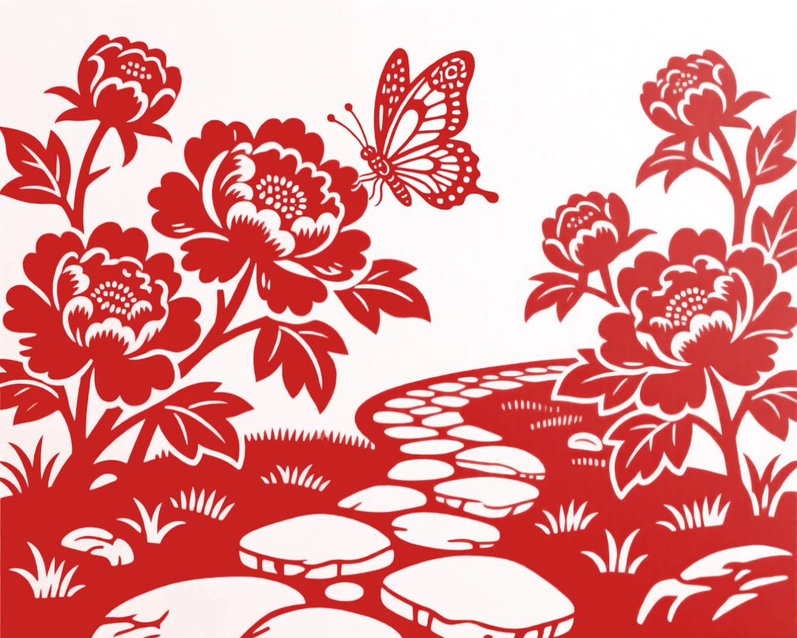 A peony garden in full bloom with a stone path winding between the beds, a butterfly resting on one blossom