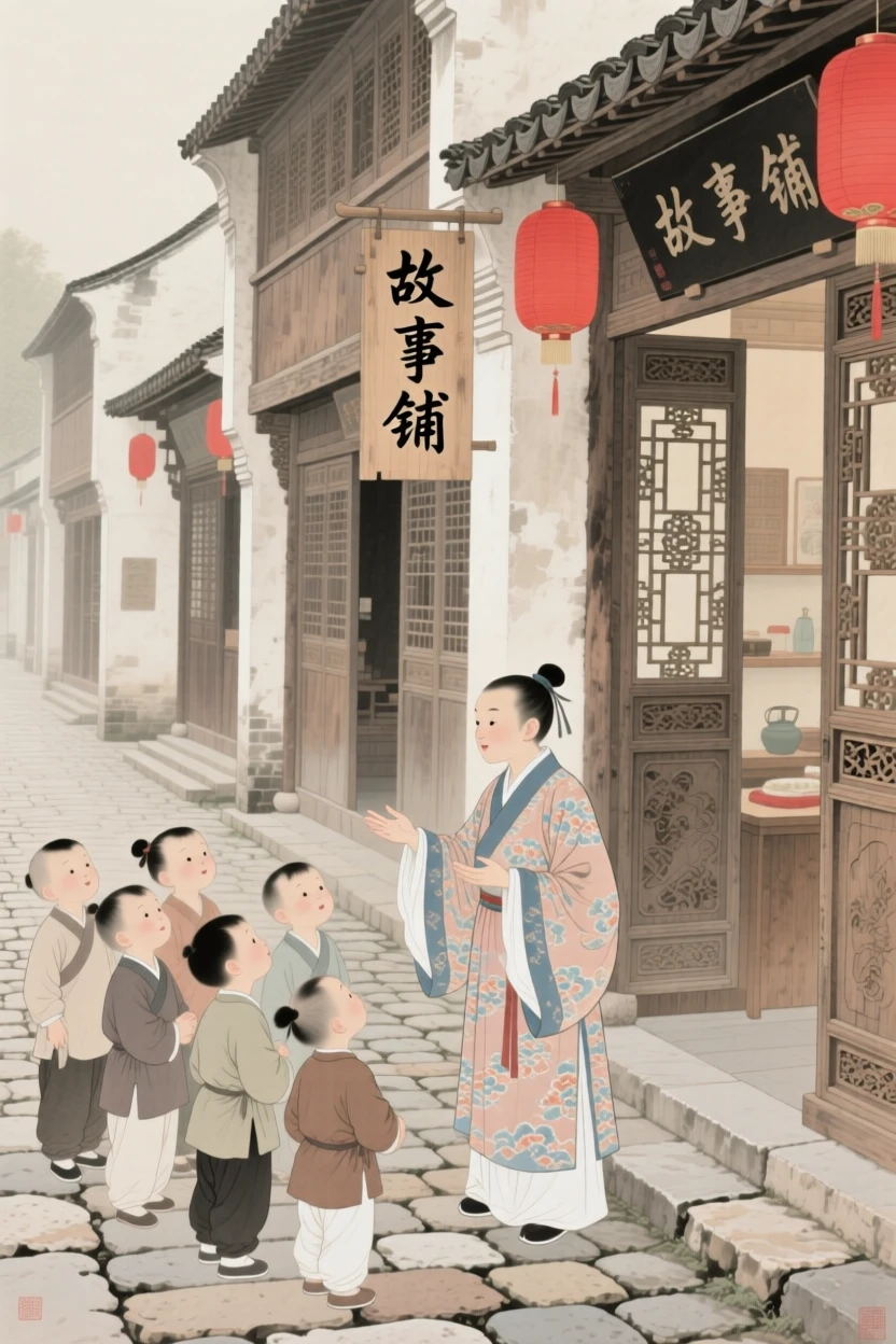 A young apprentice sharing a story with curious children along a cobblestone street lined with shops
