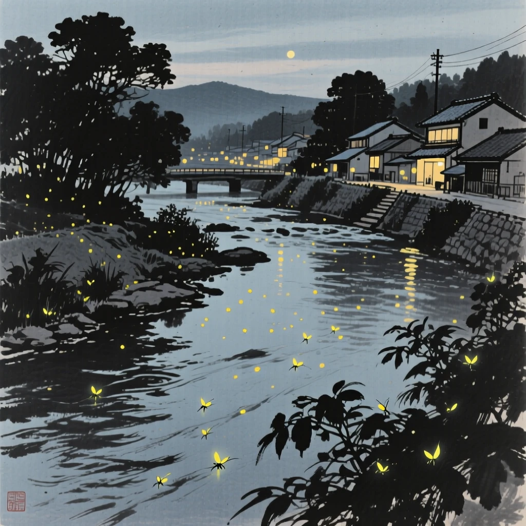 A summer evening filled with the glow of fireflies in a small riverside town, framed to capture both intimate detail and the wider atmosphere, carrying a joyful yet peaceful atmosphere.
