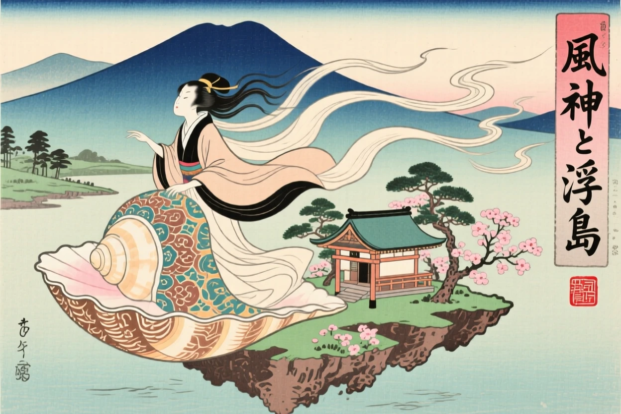 A swirling wind spirit carrying a small floating island on its shell.