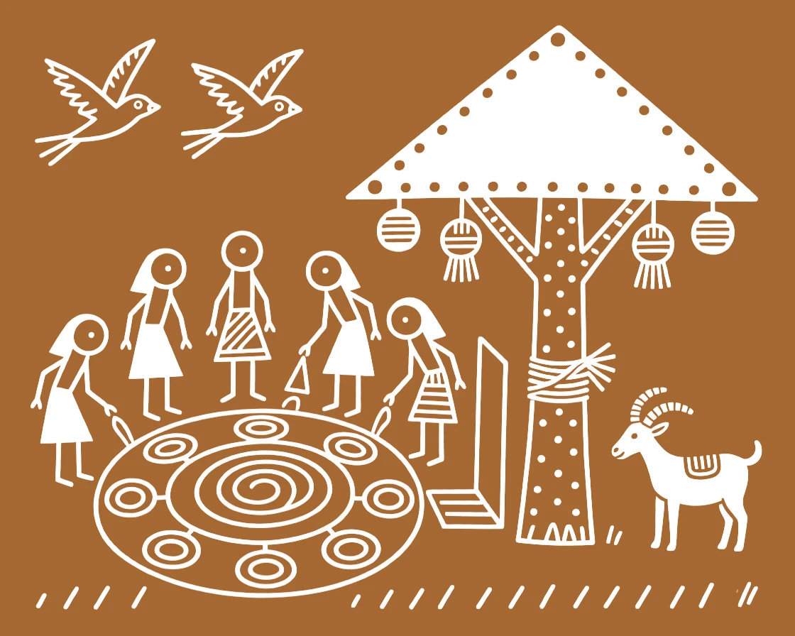 A group of women drawing a ritual pattern at their doorstep beside a sacred tree wrapped in offerings.
