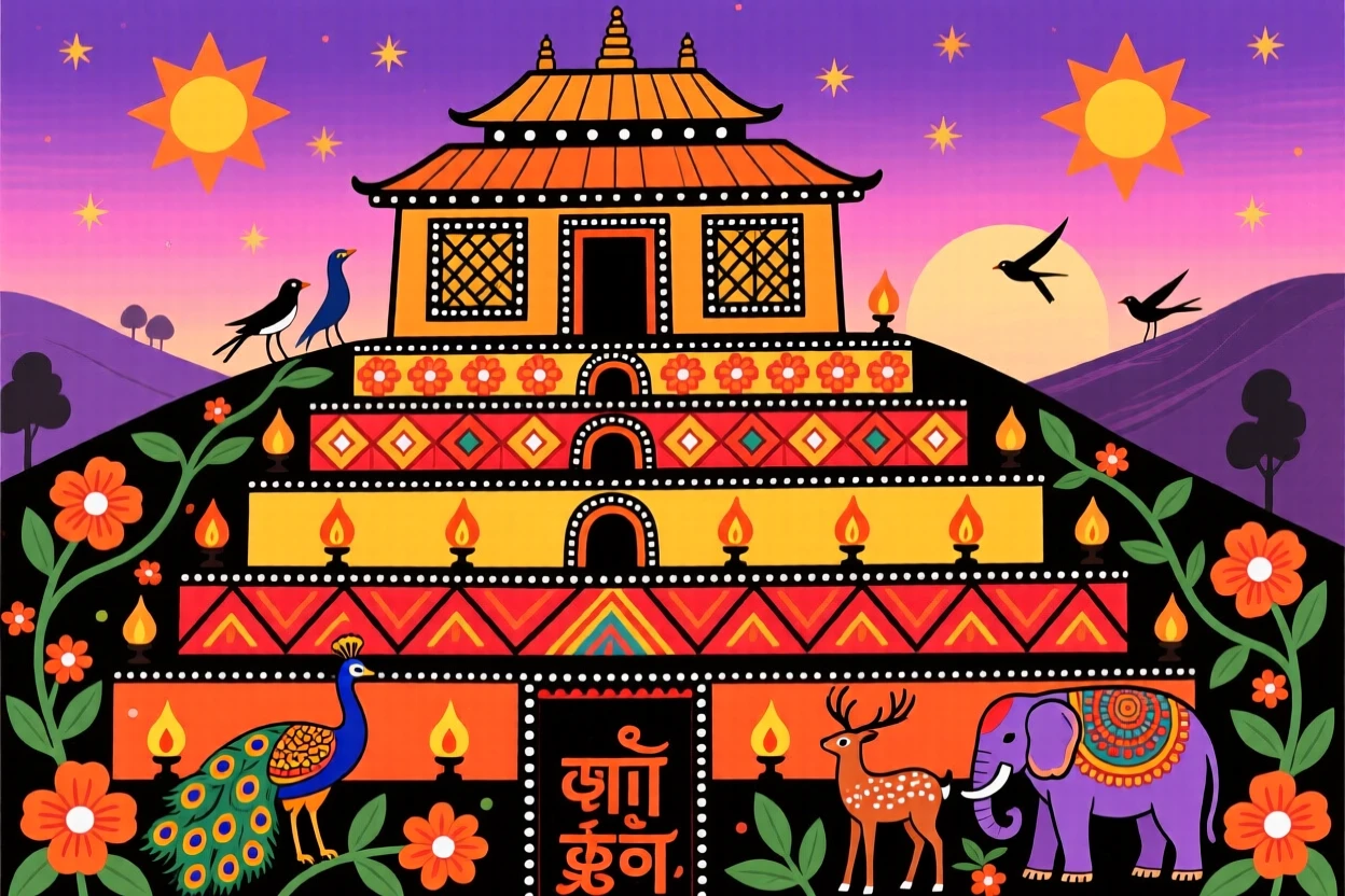 A terraced hillside monastery glowing softly at dusk.