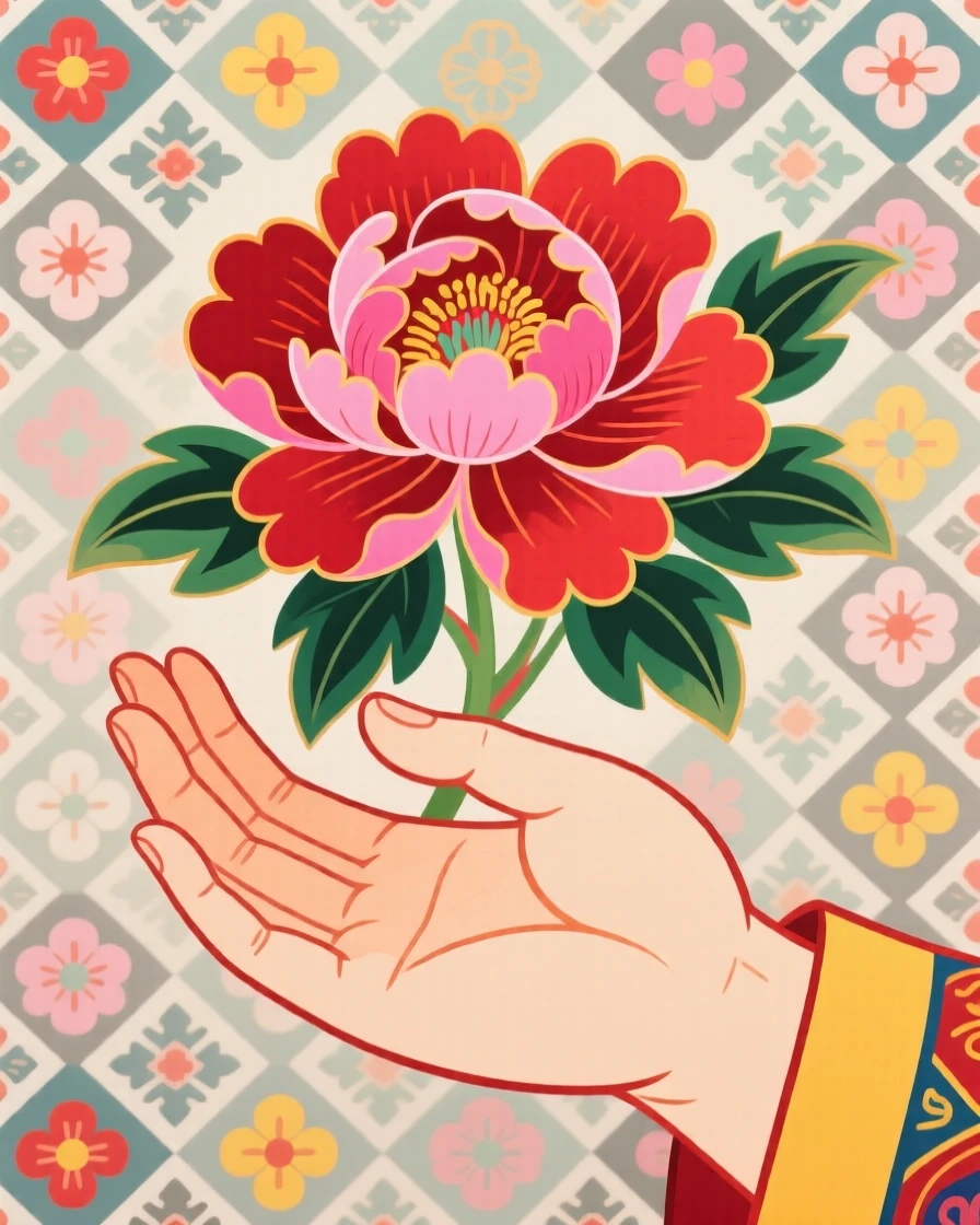 A blooming peony held gently by an open hand, symbolizing honor and prosperity.