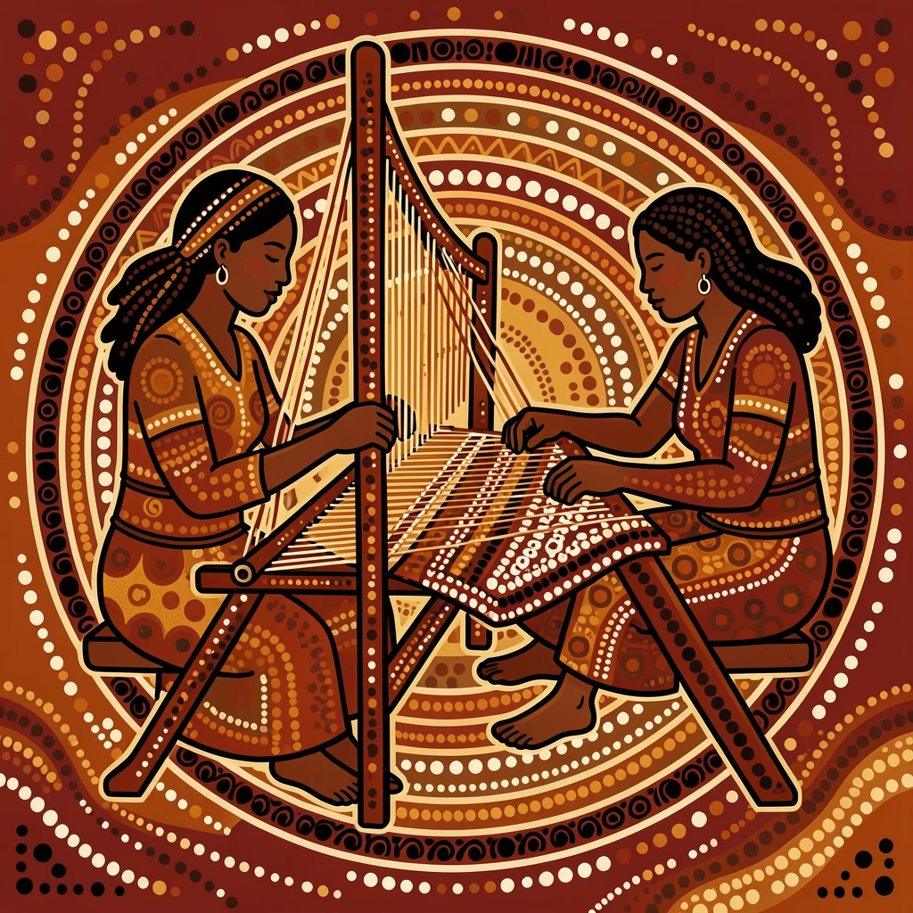 Weavers creating patterns on a traditional loom