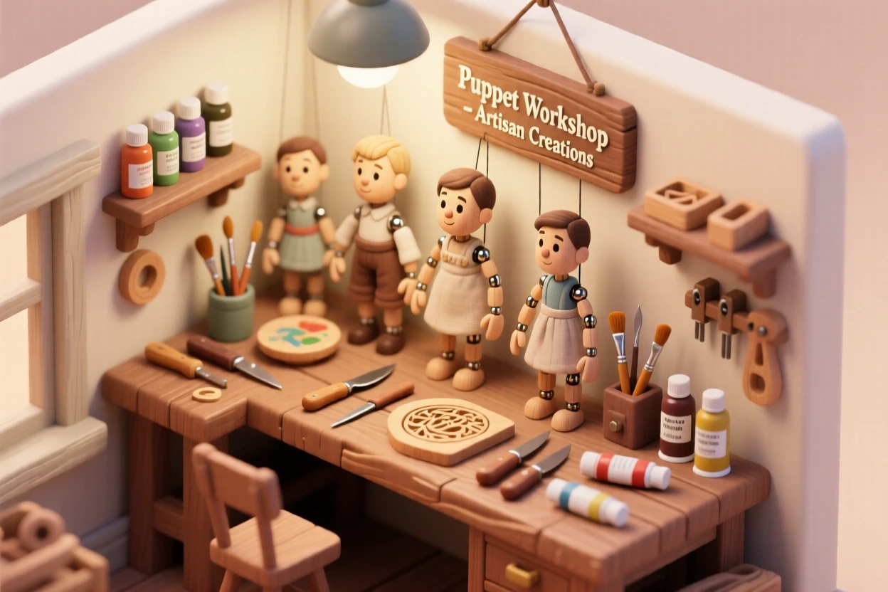 A charming small-town puppet workshop where artisans carve and paint marionettes, tools scattered across a wooden bench.