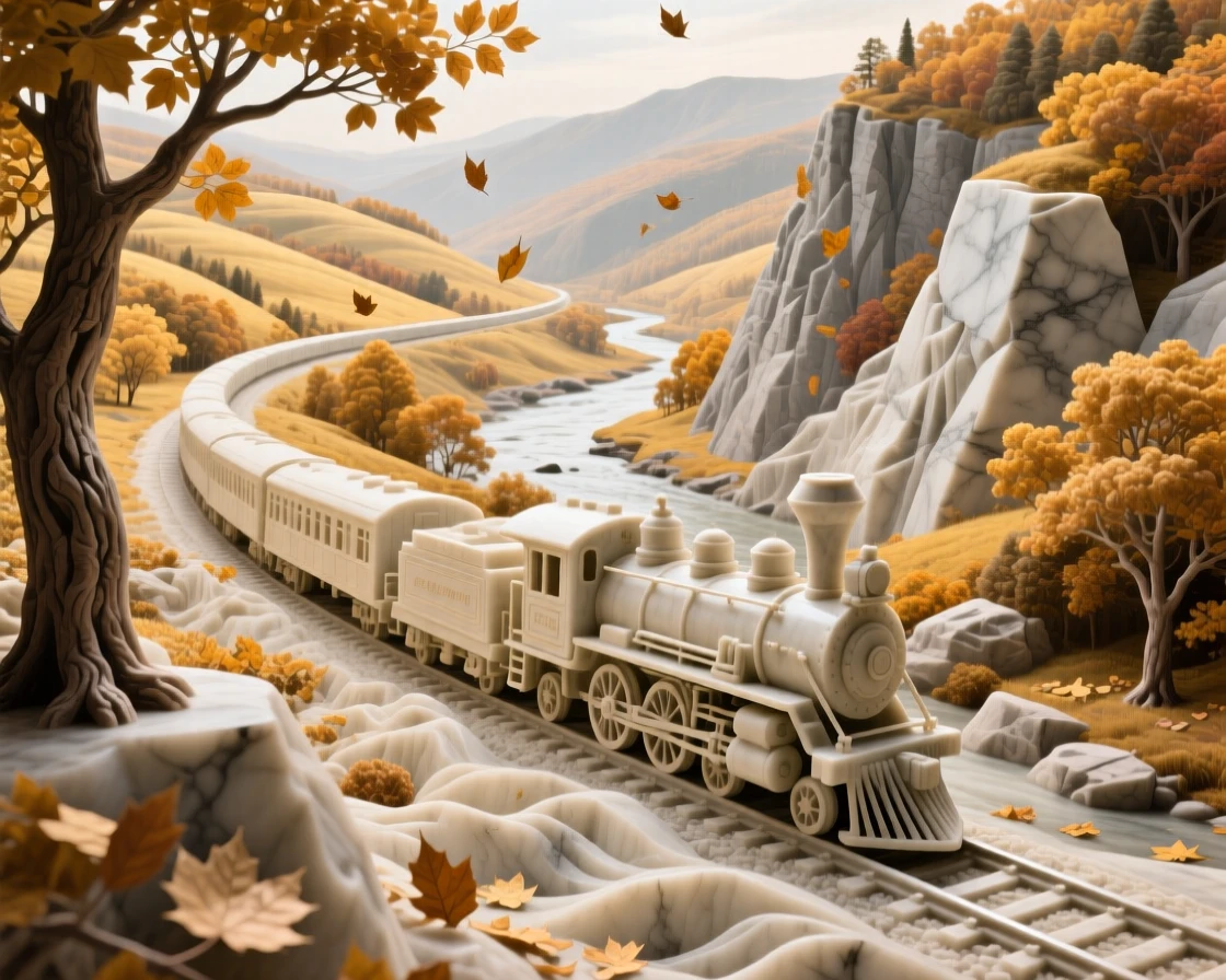 An evocative depiction of a train winding through a golden autumn valley, framed by dramatic natural scenery, balancing detail with emotional depth
