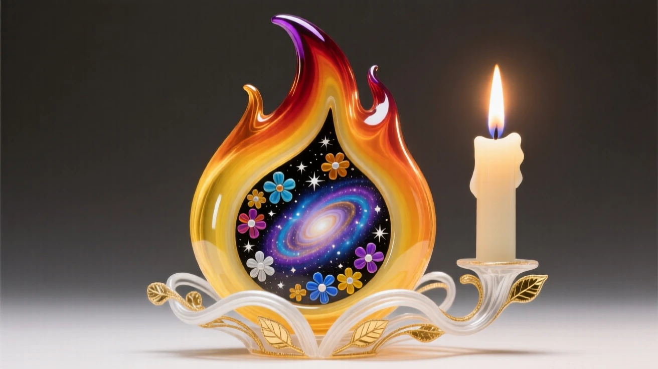 A single candle flame containing a tiny universe within it, poetic and cosmic.