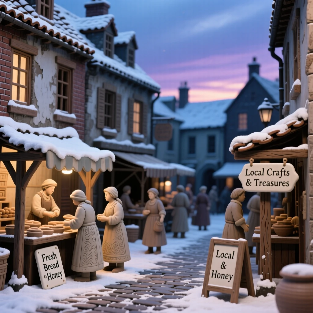 A bustling market square framed by old facades silhouetted against a fading twilight, dusted lightly with fresh snow, evoking timeless wonder and quiet grandeur.