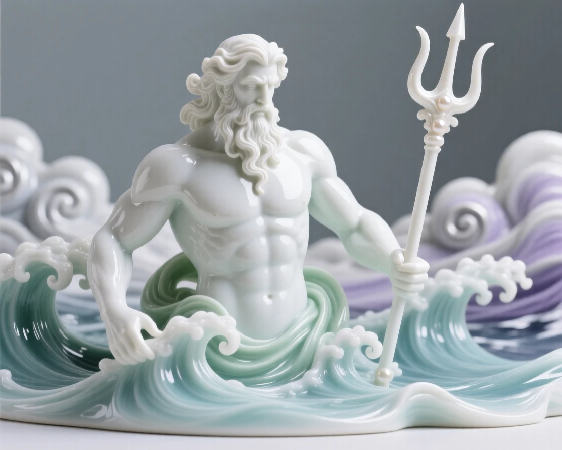 A mythological moment: Poseidon rising from the waves emerging gracefully from sea foam, framed by swirling clouds and light.