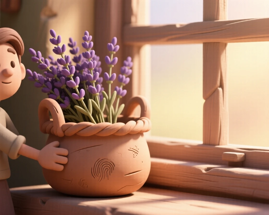 A basket of lavender bundles drying beside a sunlit window
