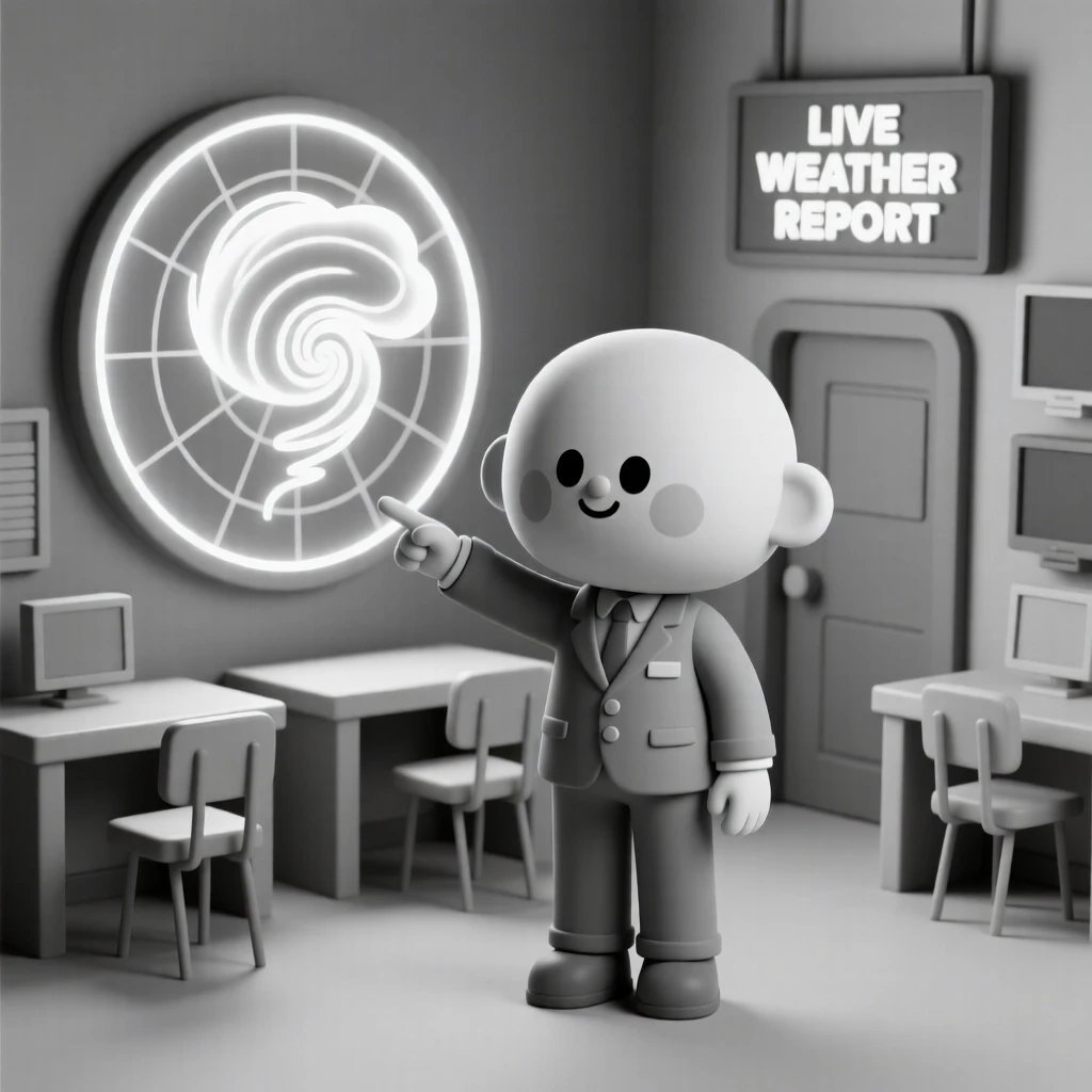A curious weather forecaster points at a swirling storm system on a glowing map inside a busy studio.