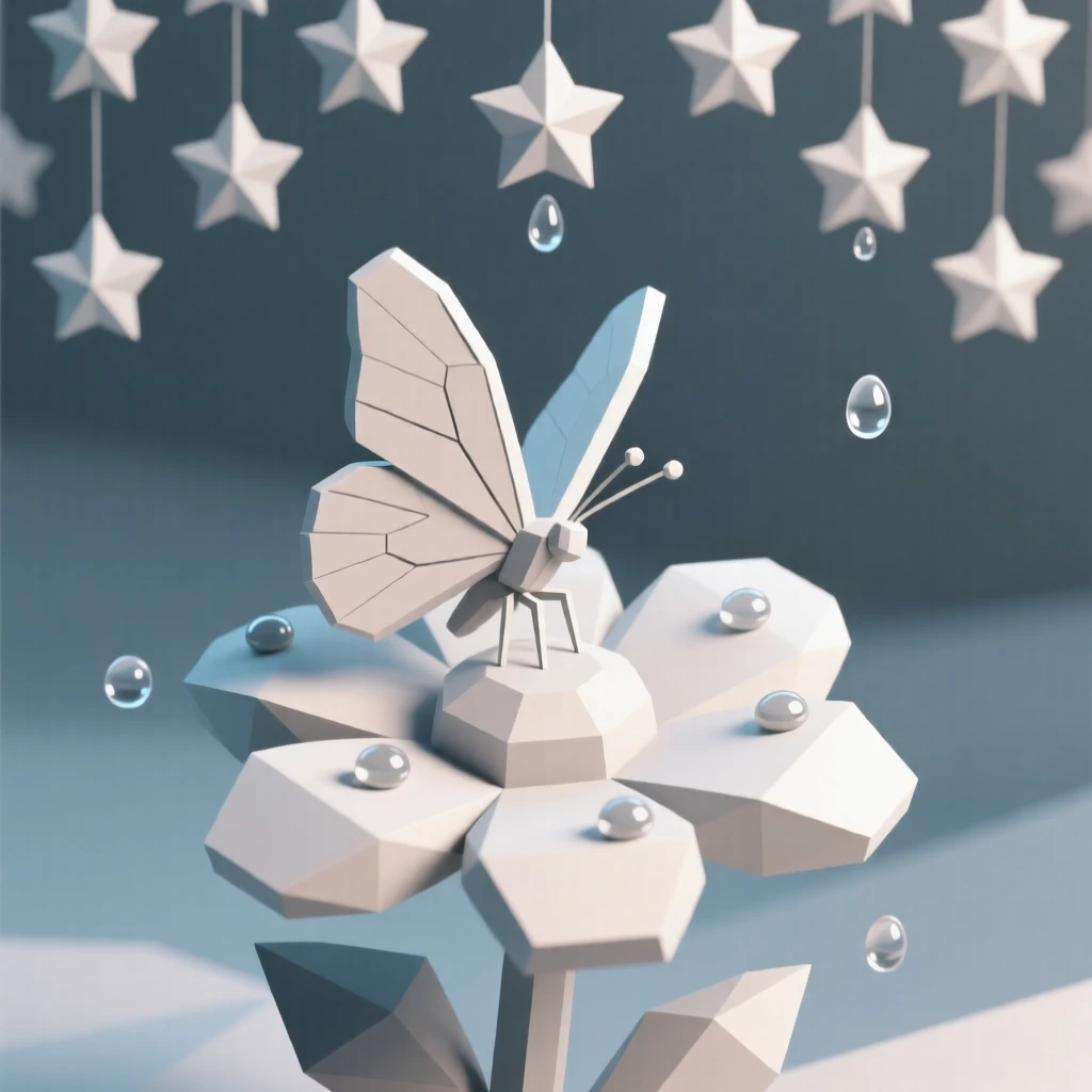 A butterfly resting on a blooming flower, beneath a canopy of stars. water droplets and fine textures catch the light. A gentle, peaceful stillness fills the air.