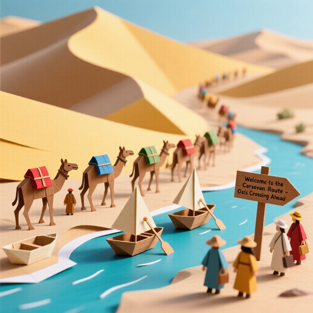 A desert caravan route among towering dunes bustling with life at midday, with small boats resting along the water, capturing the romance of travel.
