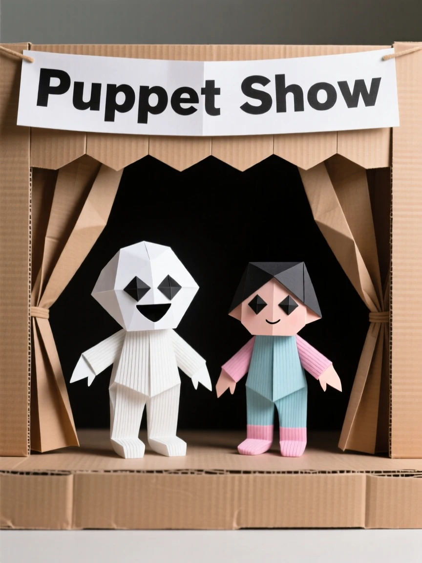 A child's puppet theater performance with handmade sock puppets and a cardboard curtain.