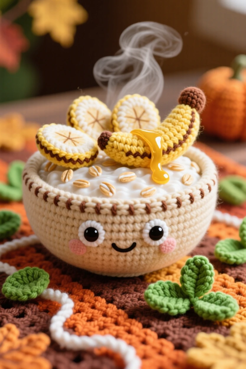 a cheerful bowl of oatmeal character, topped with sliced banana and honey, is shown steaming gently on a breakfast table on a warm autumn harvest table beside a scattering of fresh mint leaves, capturing bright, appetizing cheerfulness.