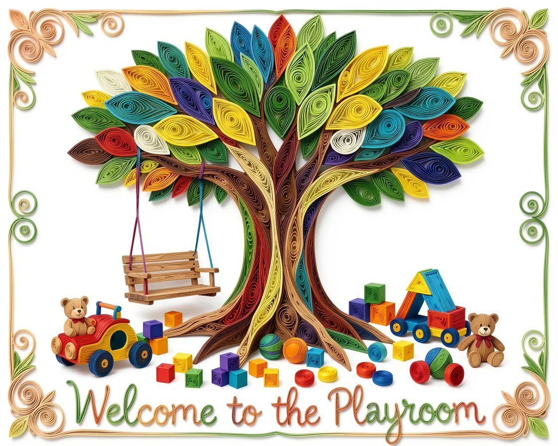 a garden swing hanging from a big friendly tree, in a colorful playroom filled with toys, framed with a whimsical storybook illustration feel, in a cheerful rainbow palette.
