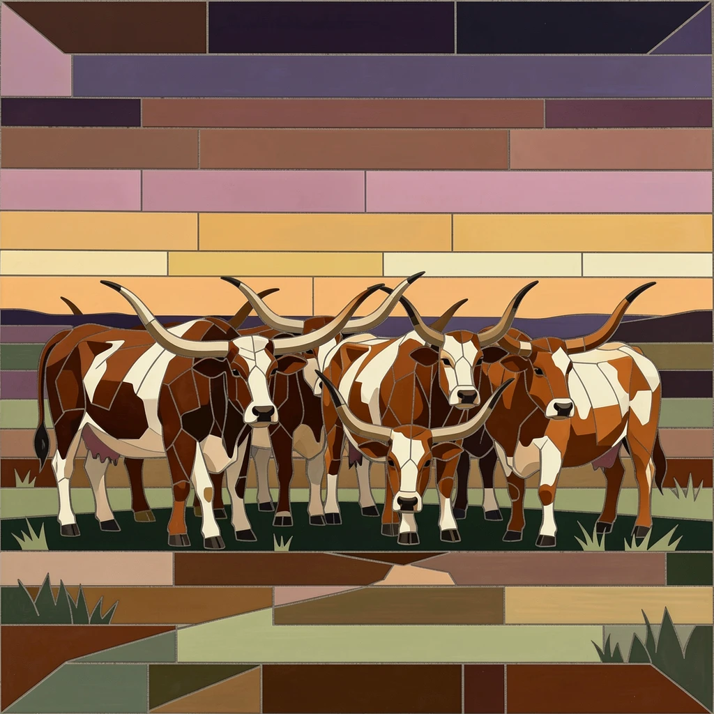 A peaceful herd of longhorn cattle grazing at sunset on open range.