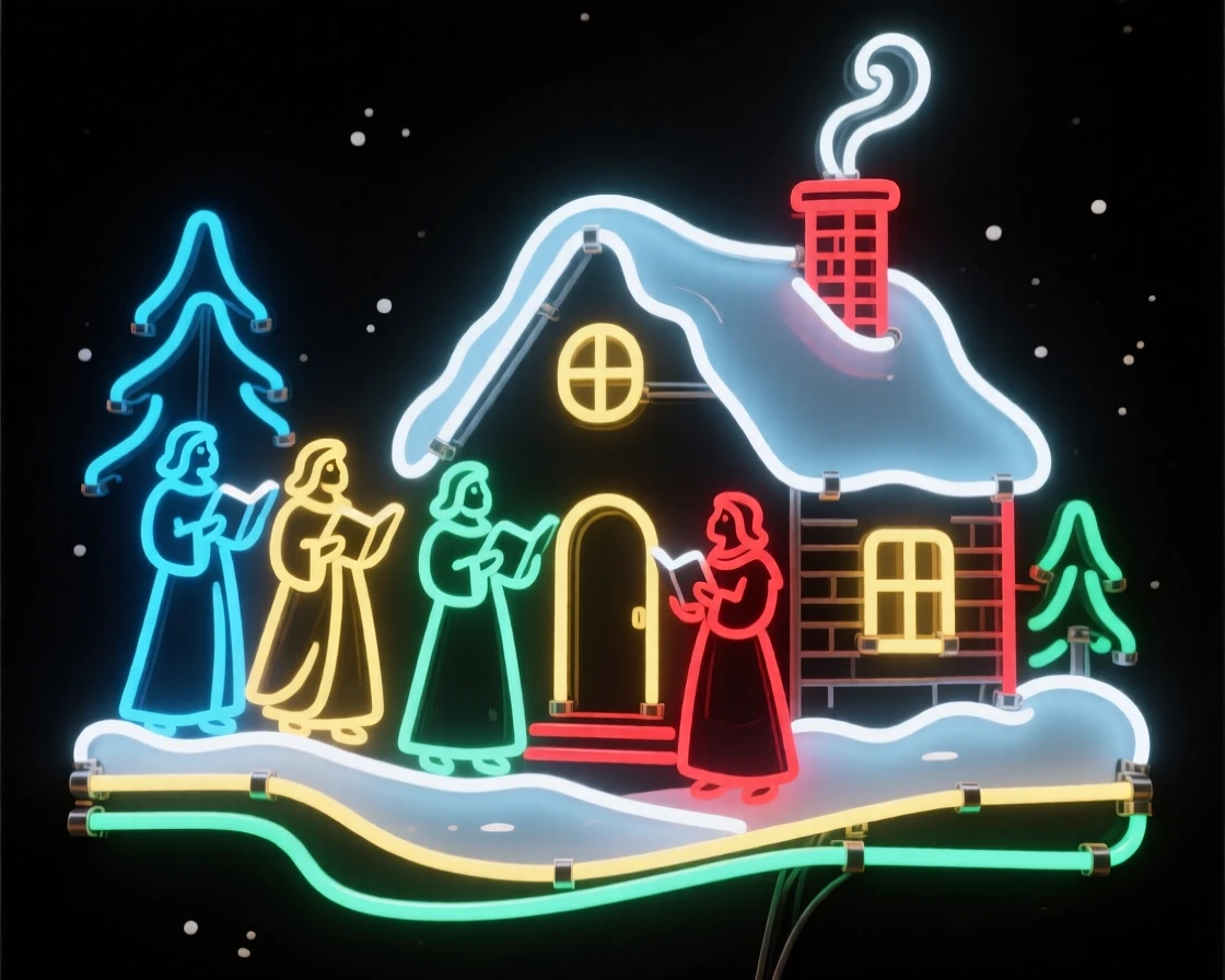A group of carolers singing outside a snow-covered cottage.