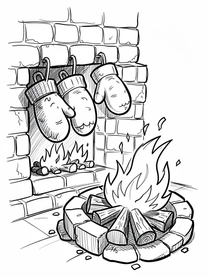 A pair of mittens drying by a fireplace beside a crackling outdoor fire pit.