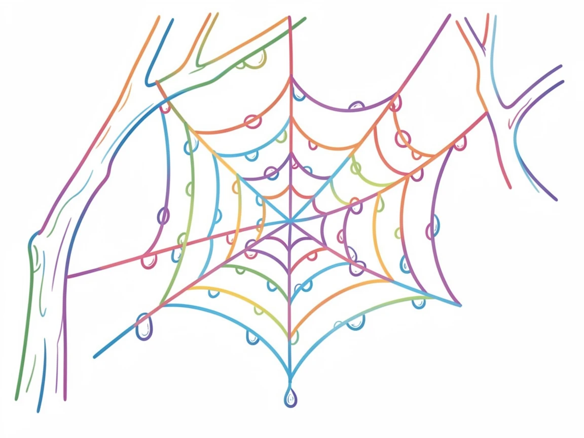A close-up of a spider web glistening with morning dew between two branches.