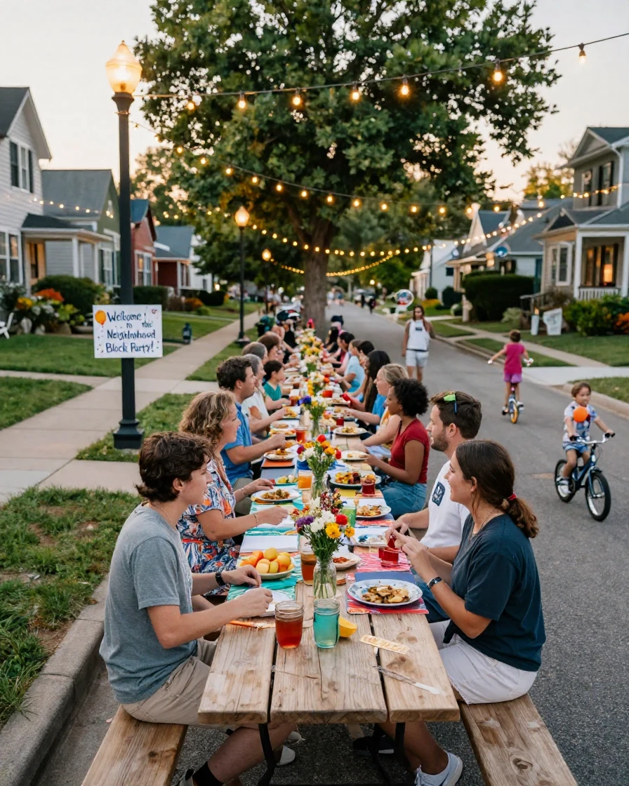 A neighborhood block party with string lights and shared tables