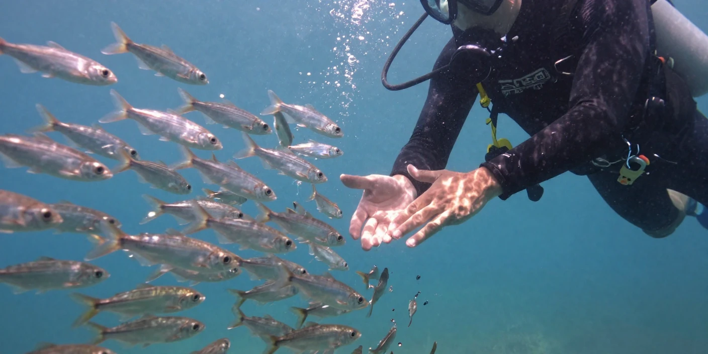 A school of silver fish swirls in a tight ball beneath a diver's outstretched hand.