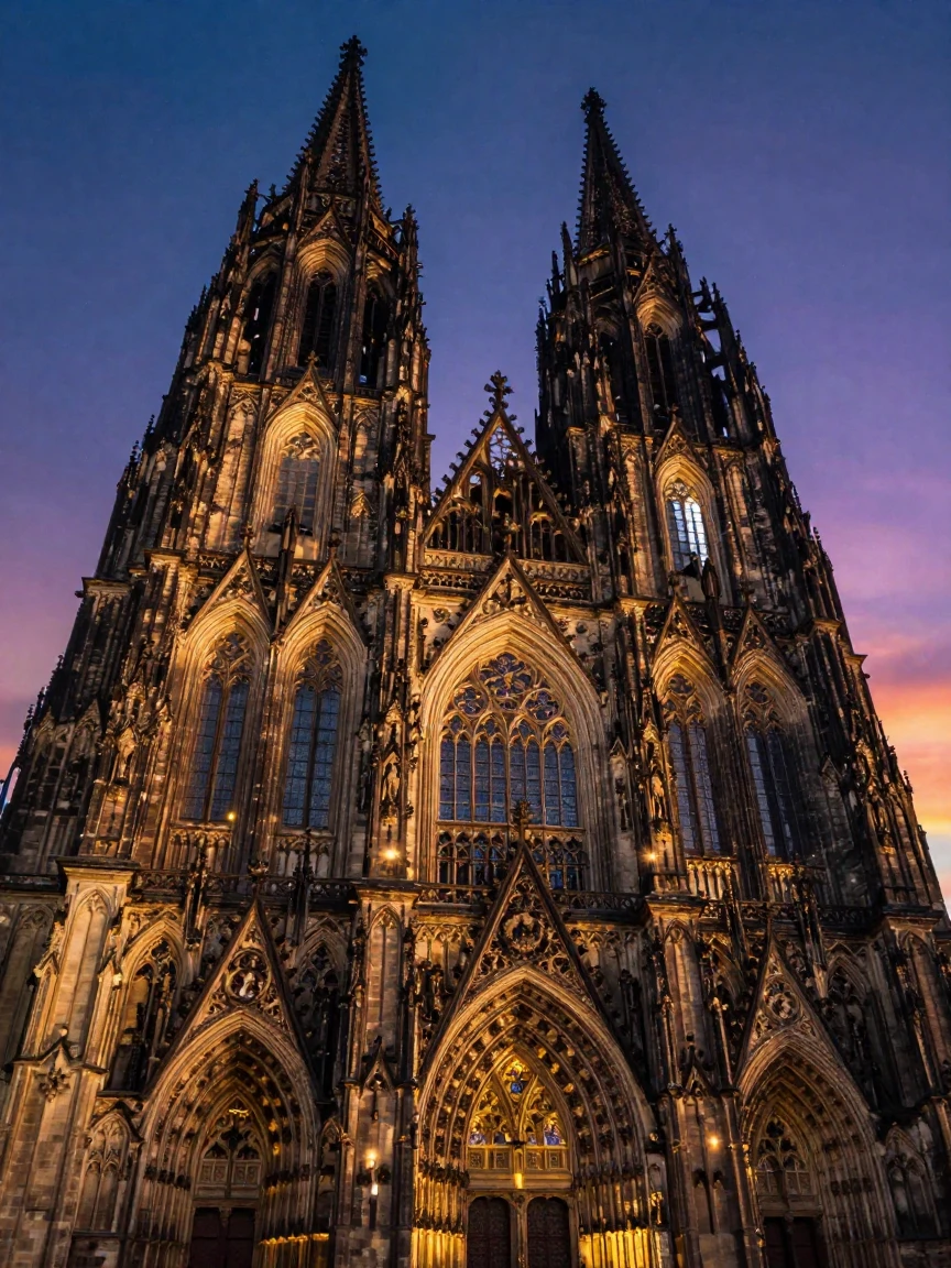 The towering spires of a Gothic cathedral illuminated at twilight