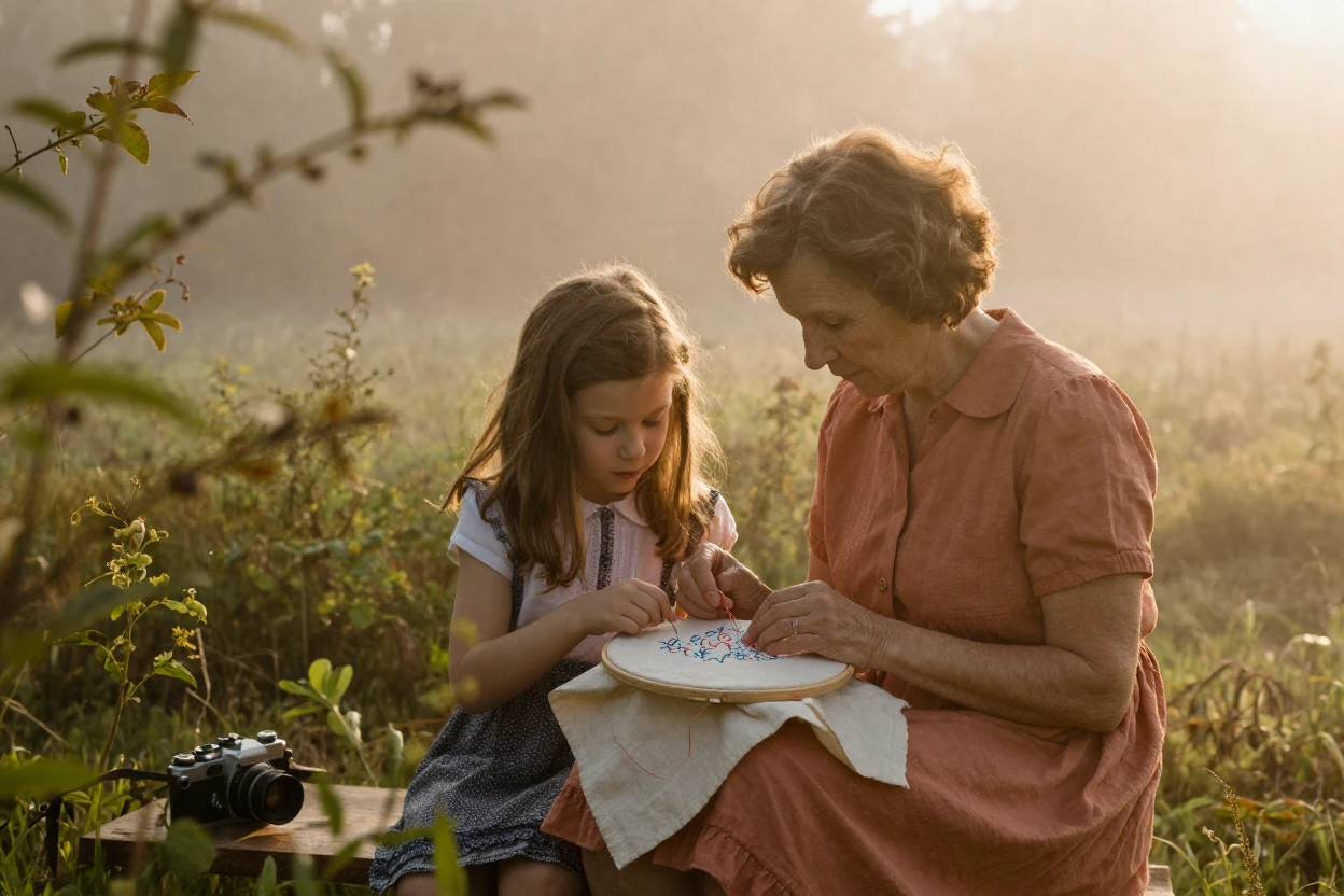 A grandmother teaching her granddaughter to embroider, under soft golden-hour light, in thick rolling fog, in the height of summer, dominated by warm amber and rust tones, peering through foliage in the foreground.