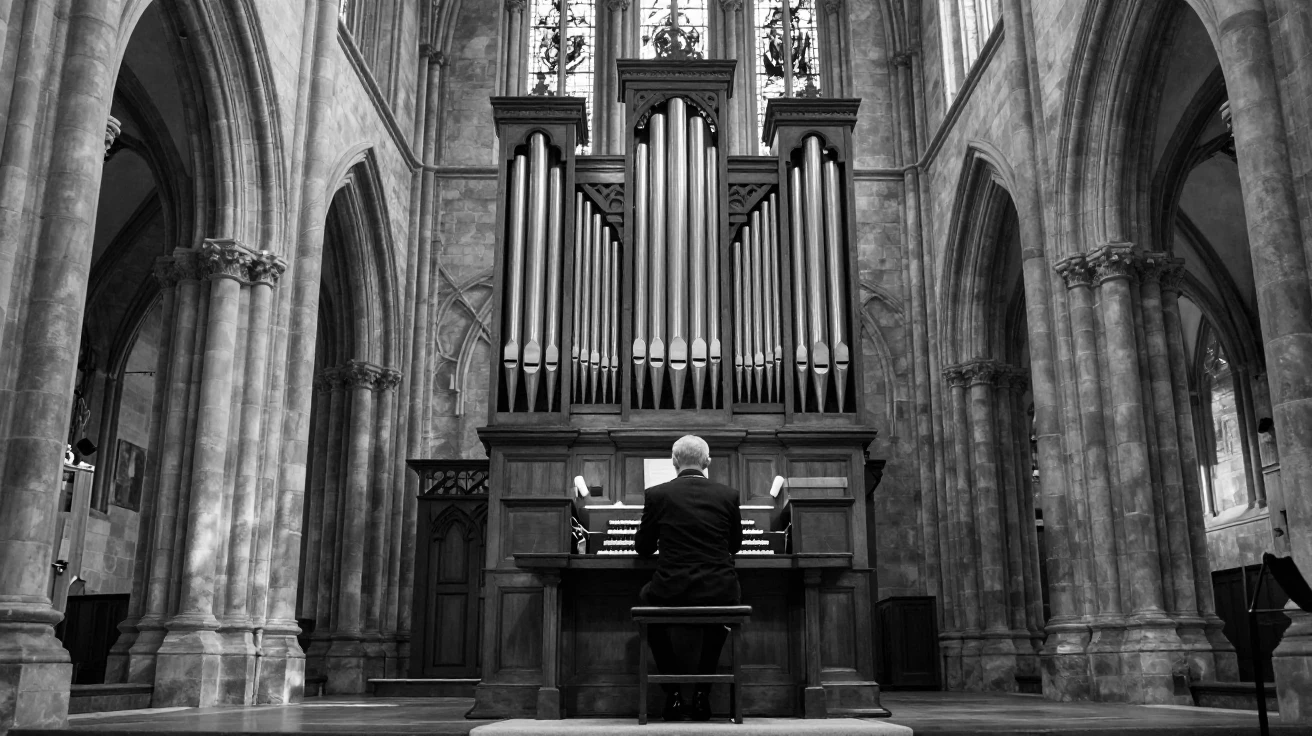A church organist fills the hall with a booming chord beneath towering stone arches.