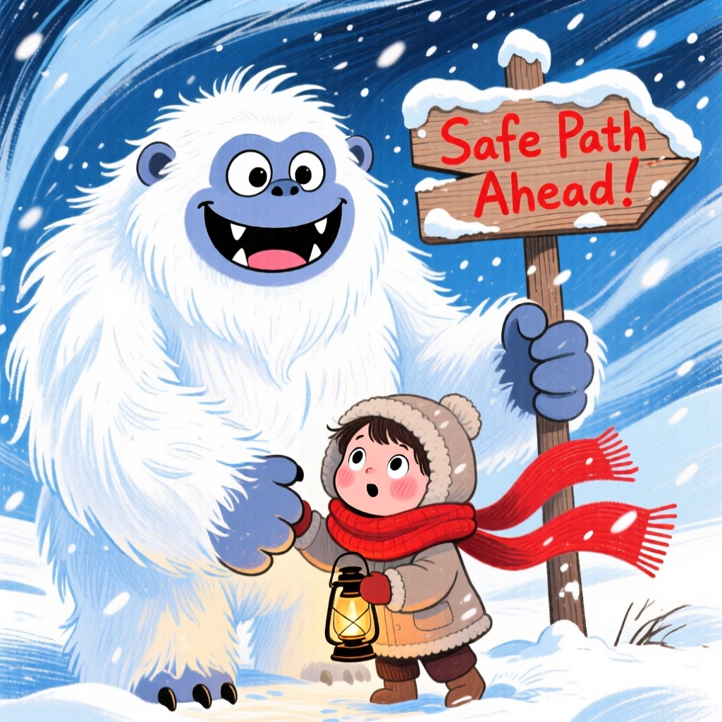 A snow yeti gently helping a lost child find their way through a blizzard.