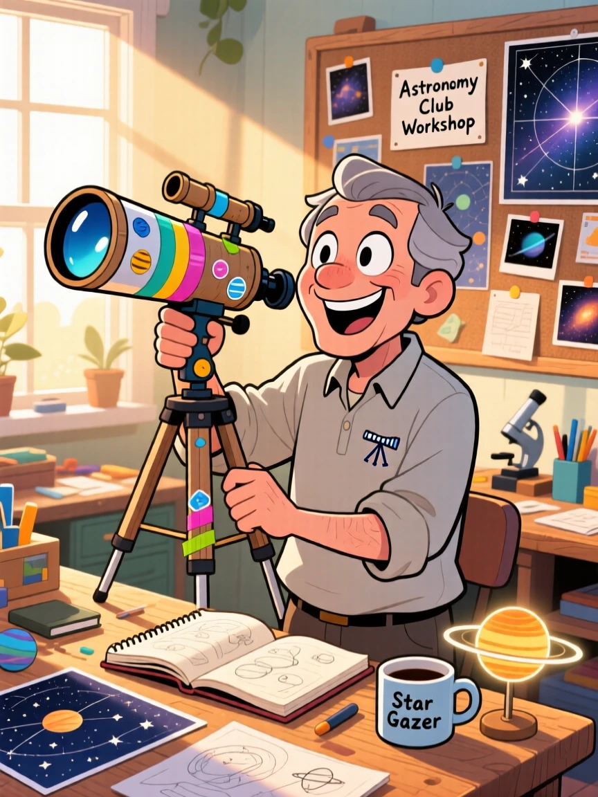 An everyday-life snapshot of an amateur astronomer, proudly showing off a finished project, in a cozy sunlit workshop.