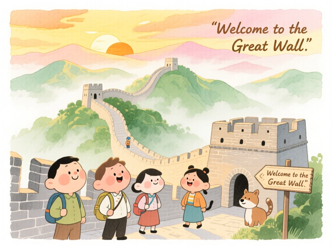A dreamy travel postcard scene of the Great Wall winding through misty green mountains at golden sunset
