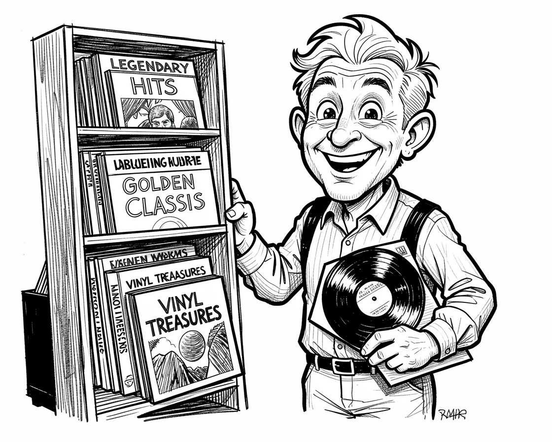 [Trending & Universal Topics] Modern lifestyle scene of a collector proudly displaying a shelf of vintage vinyl records, capturing everyday joy