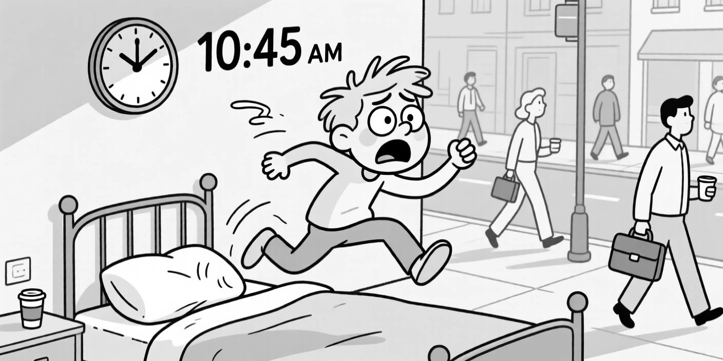 A late sleeper leaping out of bed in a panic, squinting hard as if x-ray vision might help, set on a busy morning sidewalk. A clock on the wall reads an alarmingly late hour. The scene captures the comedy hidden in ordinary days.
