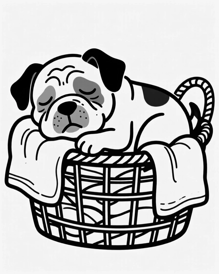 A bulldog puppy napping in a laundry basket full of warm clean towels.