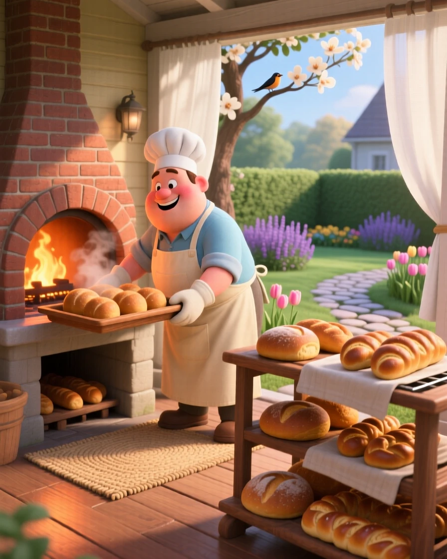 A baker pulling a fresh tray of bread from the oven is captured on a porch overlooking a quiet garden, with fresh bread cooling on a nearby rack. A simple contentment radiates through the scene.