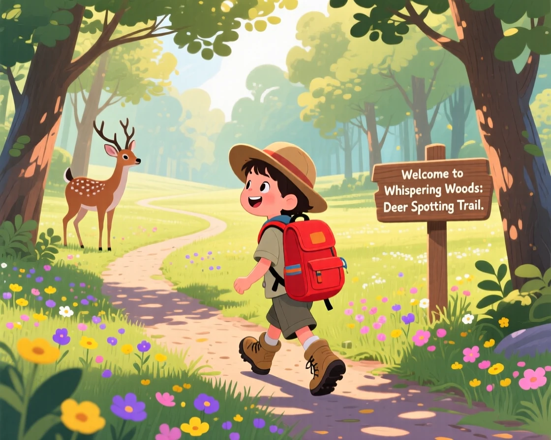 A young explorer with a backpack spends the day spotting deer at the edge of a clearing through a winding forest path, as wildflowers sway in the breeze.